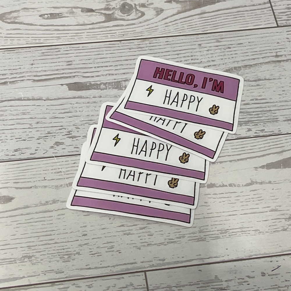 Hello I'm Happy Name Tag Sticker Set Purple White Bunny Lightning Bolt Decal